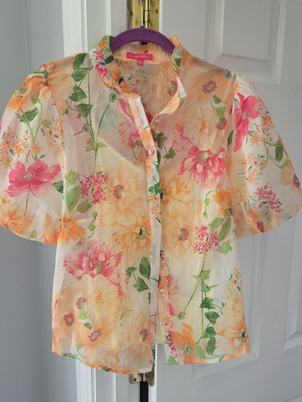 Flying Tomato Sheer Floral Button-Up Blouse — Pink, Peach & Green